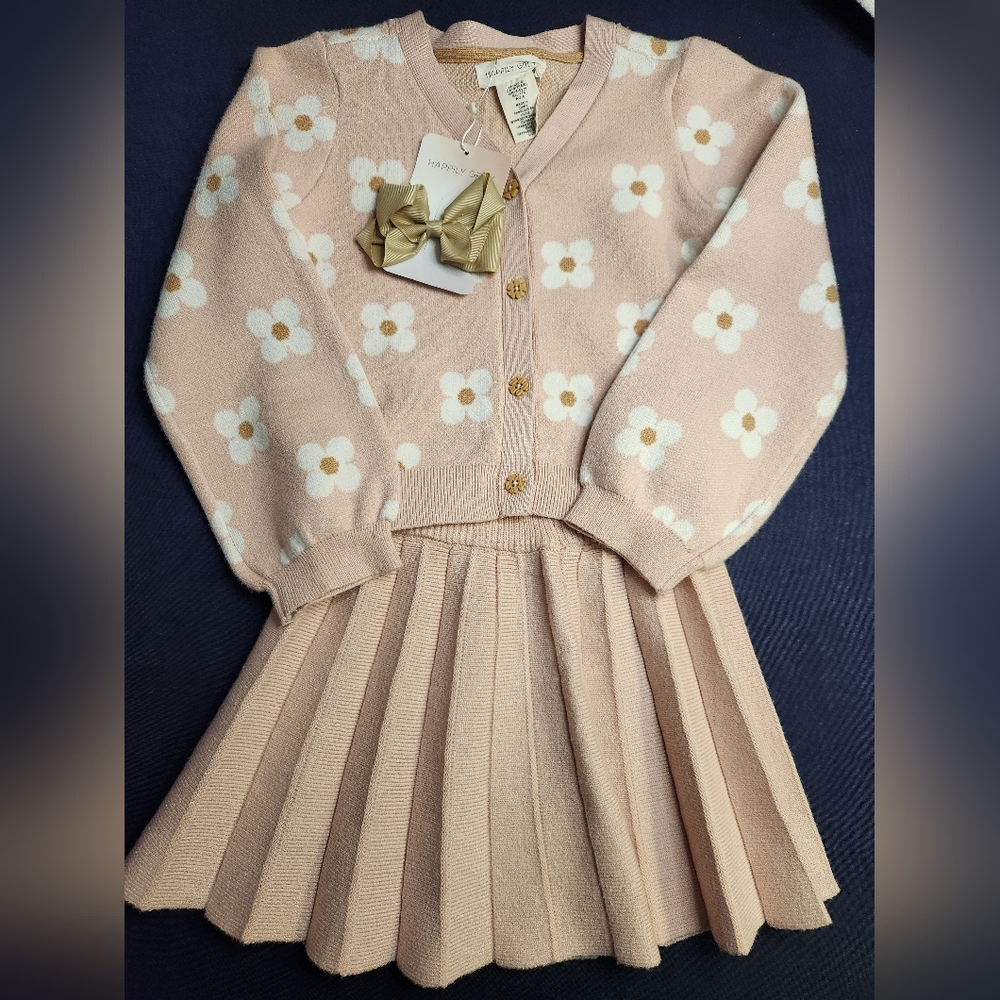 Happily Grey Girl's Floral Knit Cardigan w/ Pleated Skirt&Hair Bow,Size 5/6, NWT
